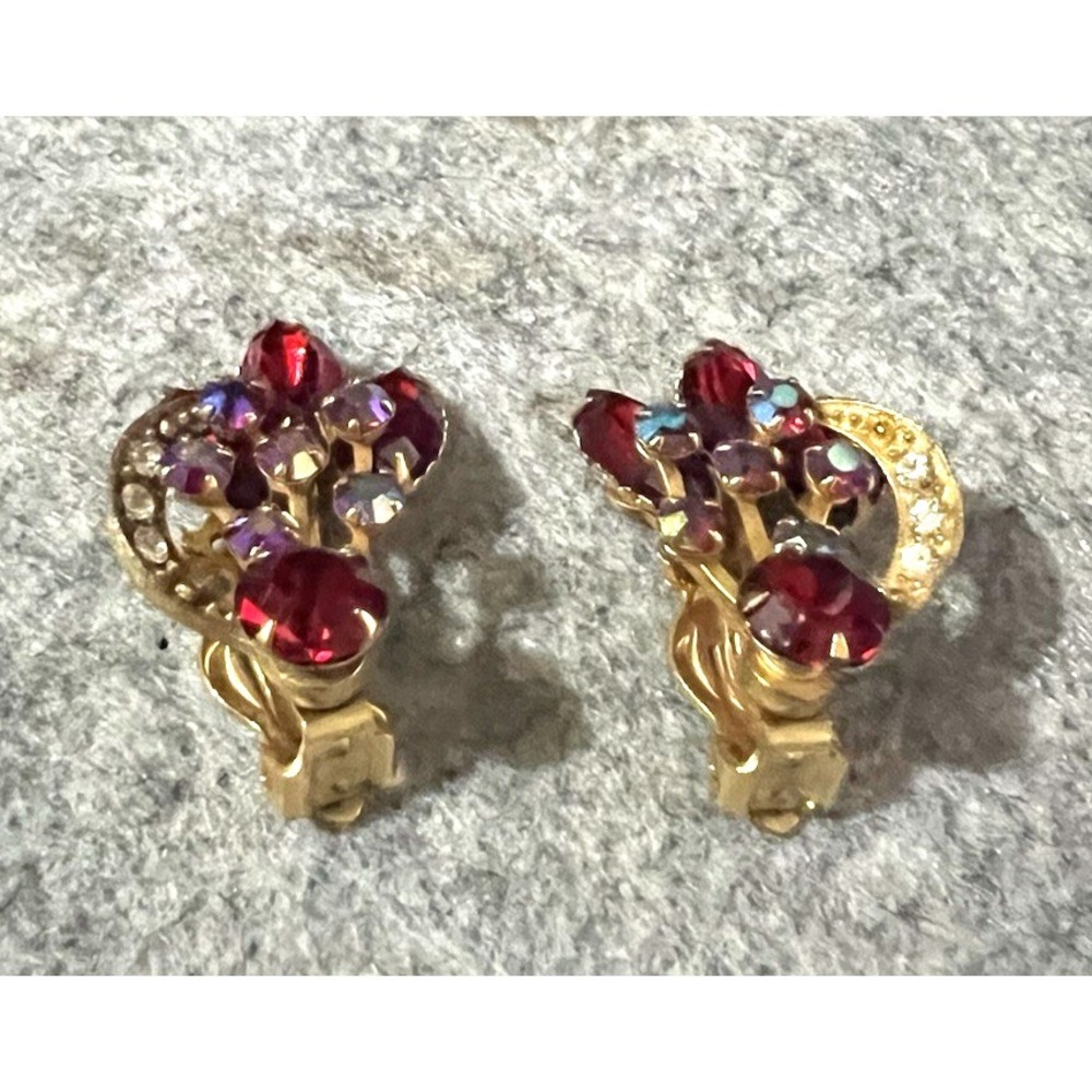 Vintage 1960s Red AB Rhinestone Earrings Clip on RARE